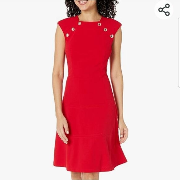 TOMMY HILFIGER Womens Red  Knee Length Party Fit + Flare Dress New 4 - Picture 5 of 15